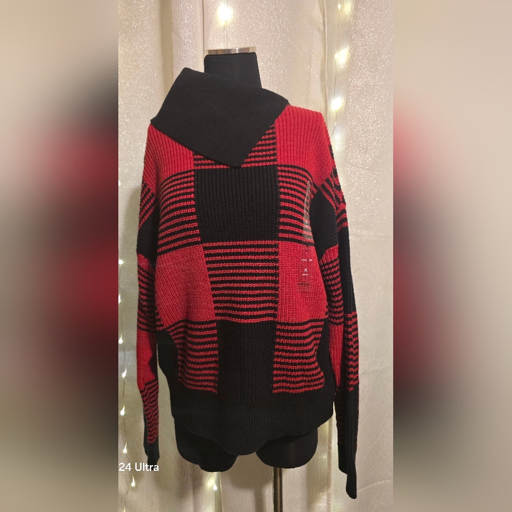 Nautica Red and Black Checkered Turtleneck Sweater